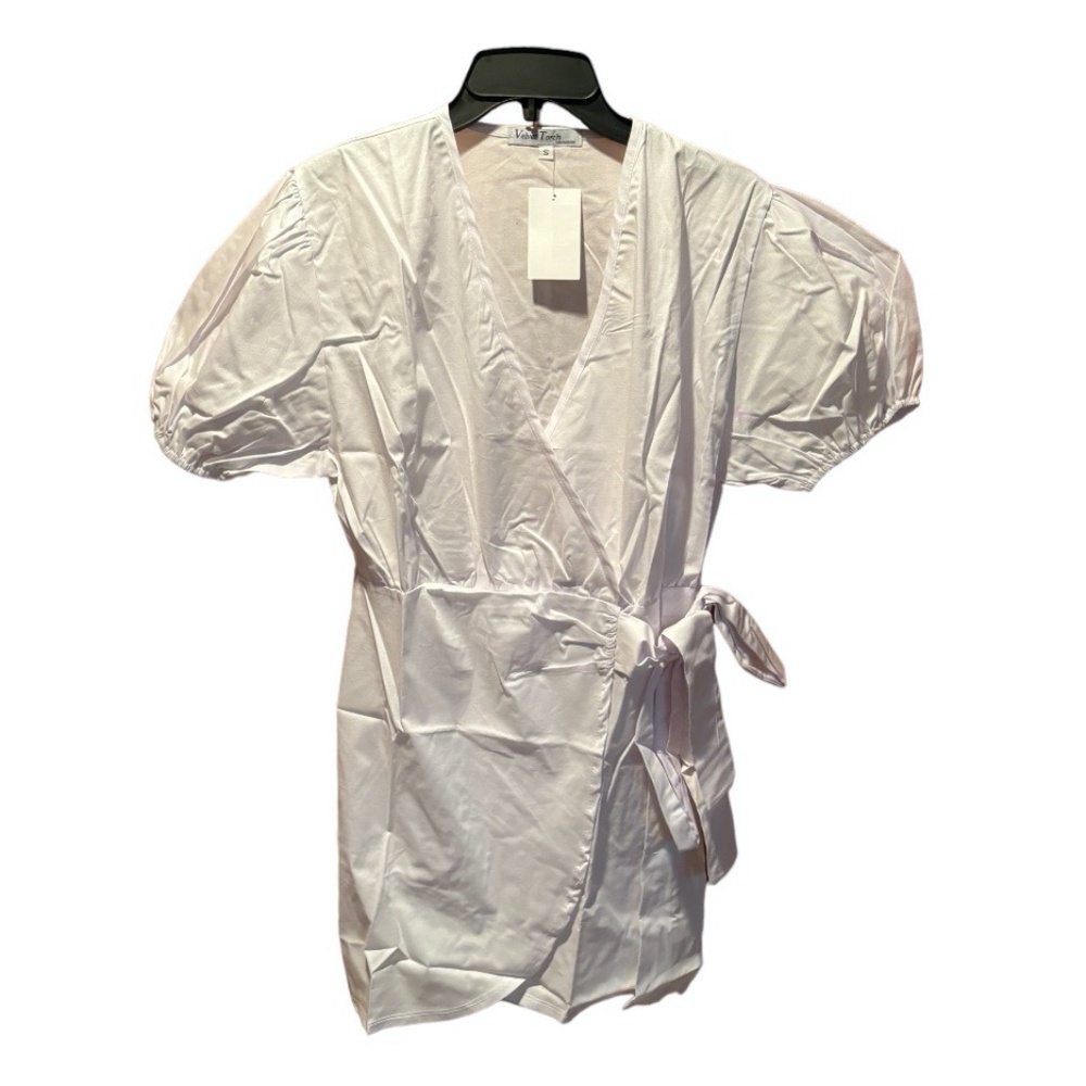 Velvet Torch Short Puff Sleeve Wrap Mini Dress in White Small NWT